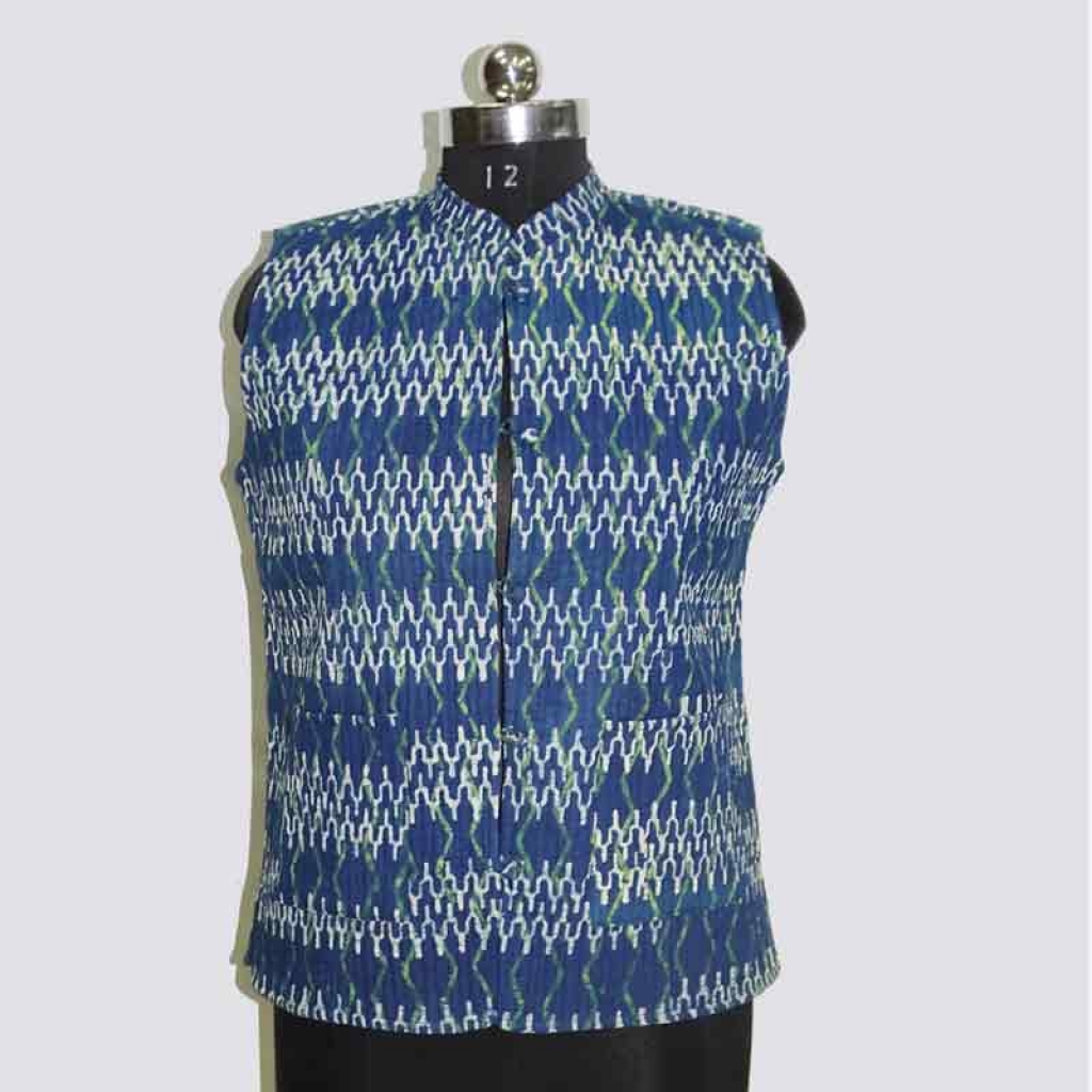 COTTON INDIGO PRINT SLEEVE LESS SHORT JACKET