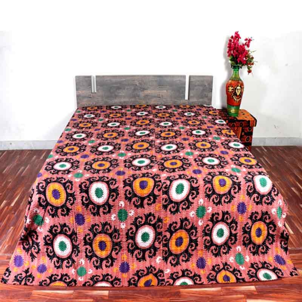 COTTON DISCHARGE PRINT KANTHA BED COVER FOR ALL-SEASON