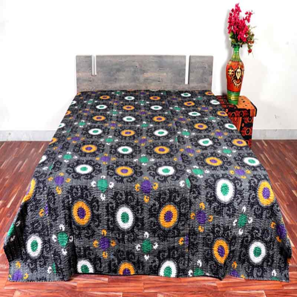 COTTON DISCHARGE PRINT KANTHA BED COVER FOR ALL-SEASON