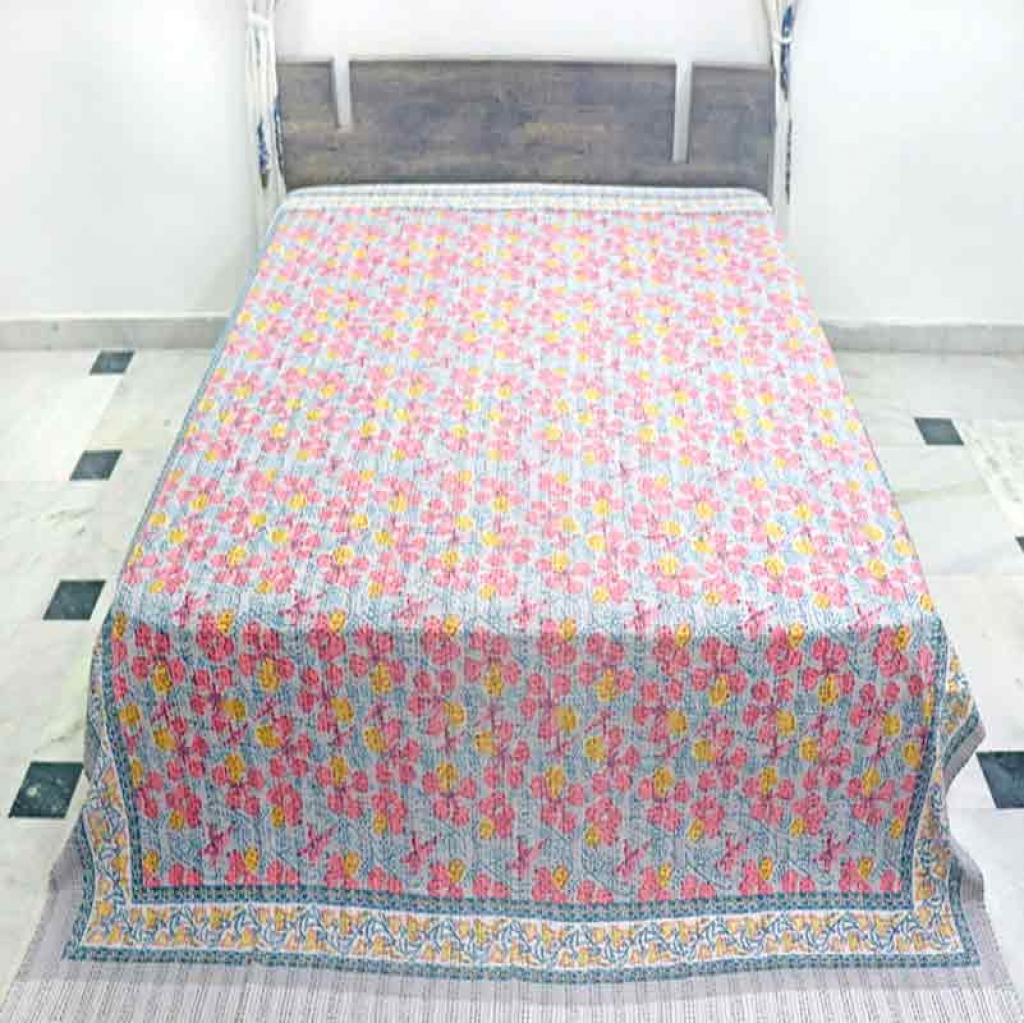 COTTON HAND BLOCK FULL PENAL KANTHA BED COVER FOR ALL-SEASON