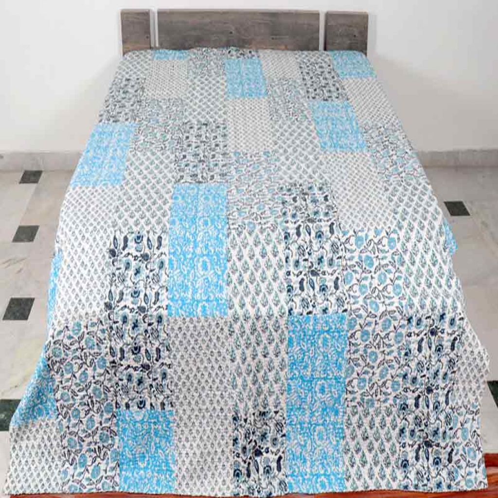 COTTON HAND BLOCK PATCH WORK PRINT KANTHA BED COVER FOR ALL-SEASON