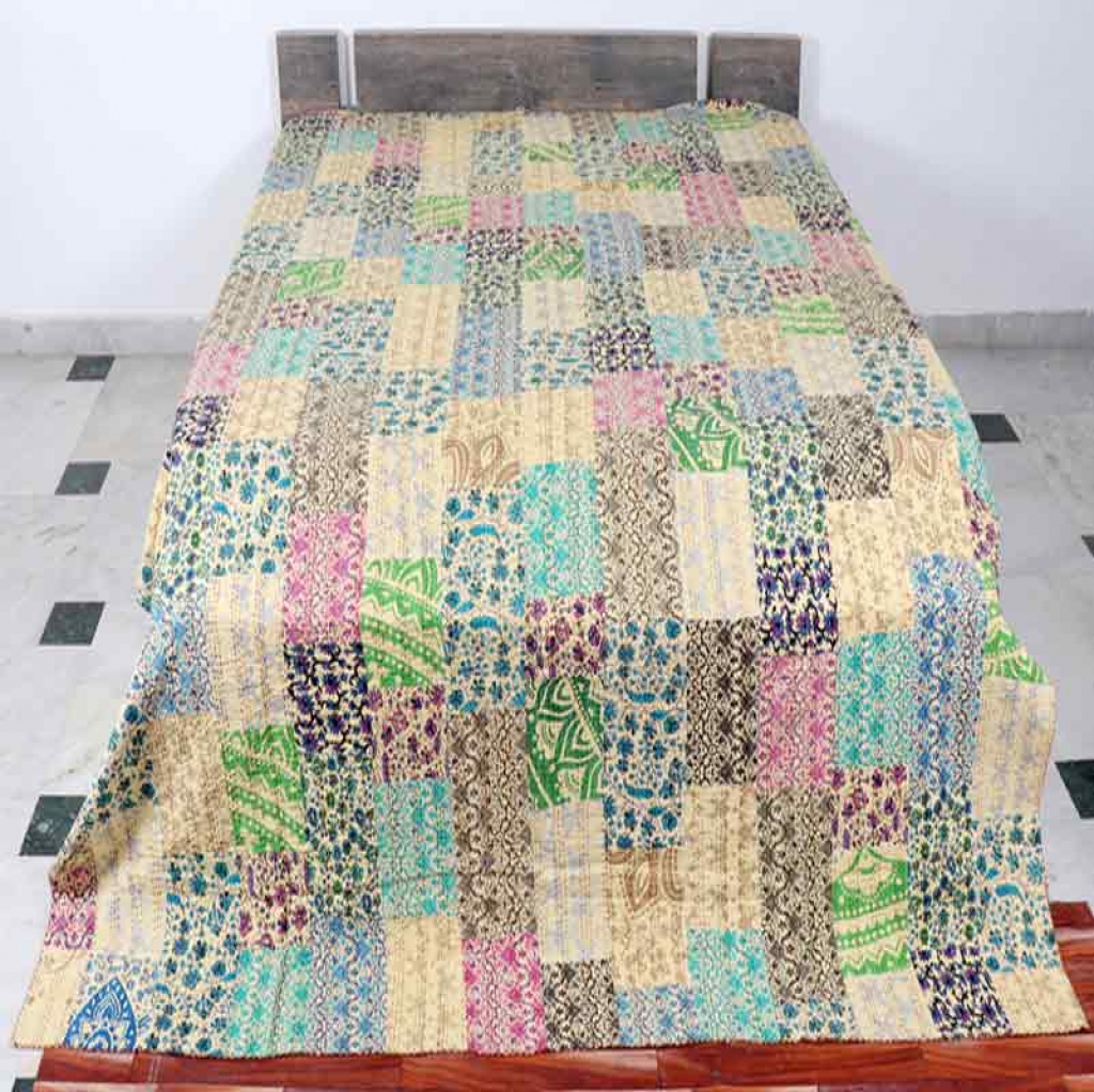 COTTON HAND BLOCK PATCH WORK PRINT KANTHA BED COVER FOR ALL-SEASON