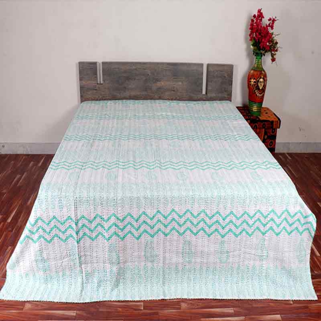 COTTON HAND BLOCK ALL OVER PRINT KANTHA BED COVER FOR ALL-SEASON