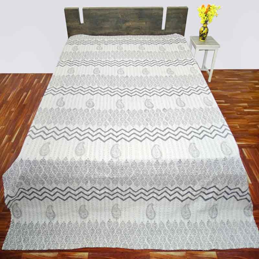 COTTON HAND BLOCK ALL OVER PRINT KANTHA BED COVER FOR ALL-SEASON