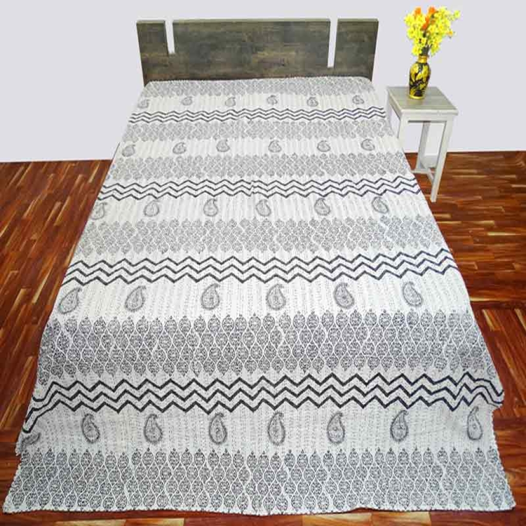 COTTON HAND BLOCK ALL OVER PRINT KANTHA BED COVER FOR ALL-SEASON