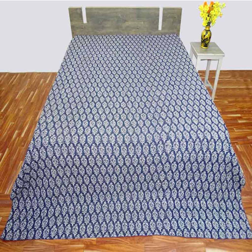 COTTON HAND BLOCK ALL OVER PRINT KANTHA BED COVER FOR ALL-SEASON