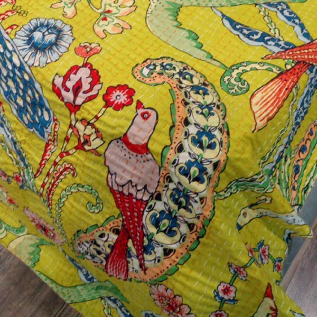 ANTIQUE BIRDS PRINTED COTTON KANTHA BED COVER