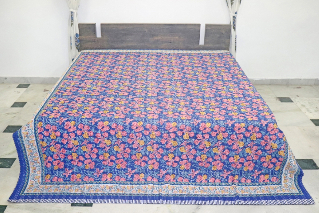 COTTON HAND BLOCK FULL PENAL KANTHA BED COVER FOR ALL-SEASON