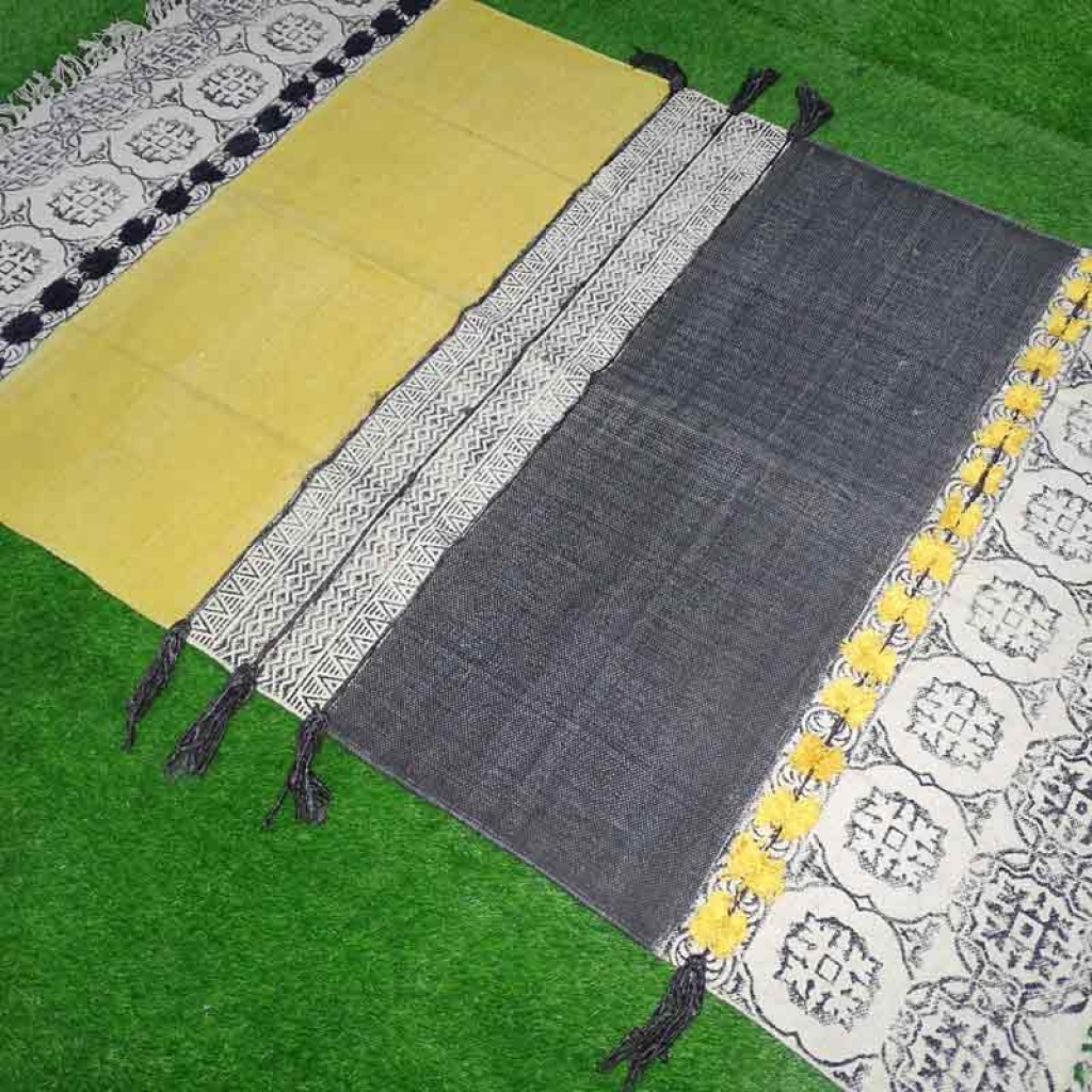 COTTON HAND BLOCK ALL OVER PRINT RUGS WITH EMBROIDERY