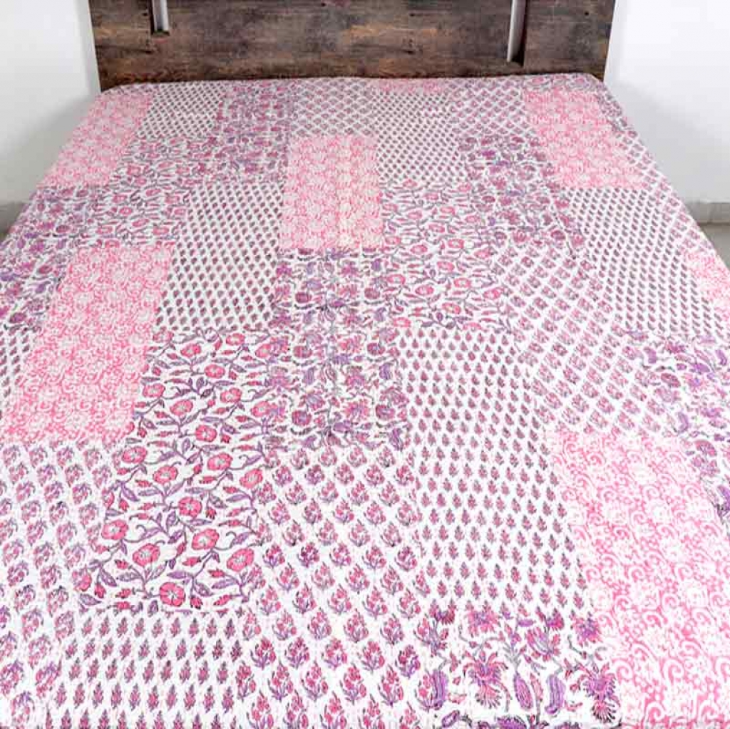 COTTON HAND BLOCK PATCH WORK PRINT KANTHA BED COVER FOR ALL SEASON