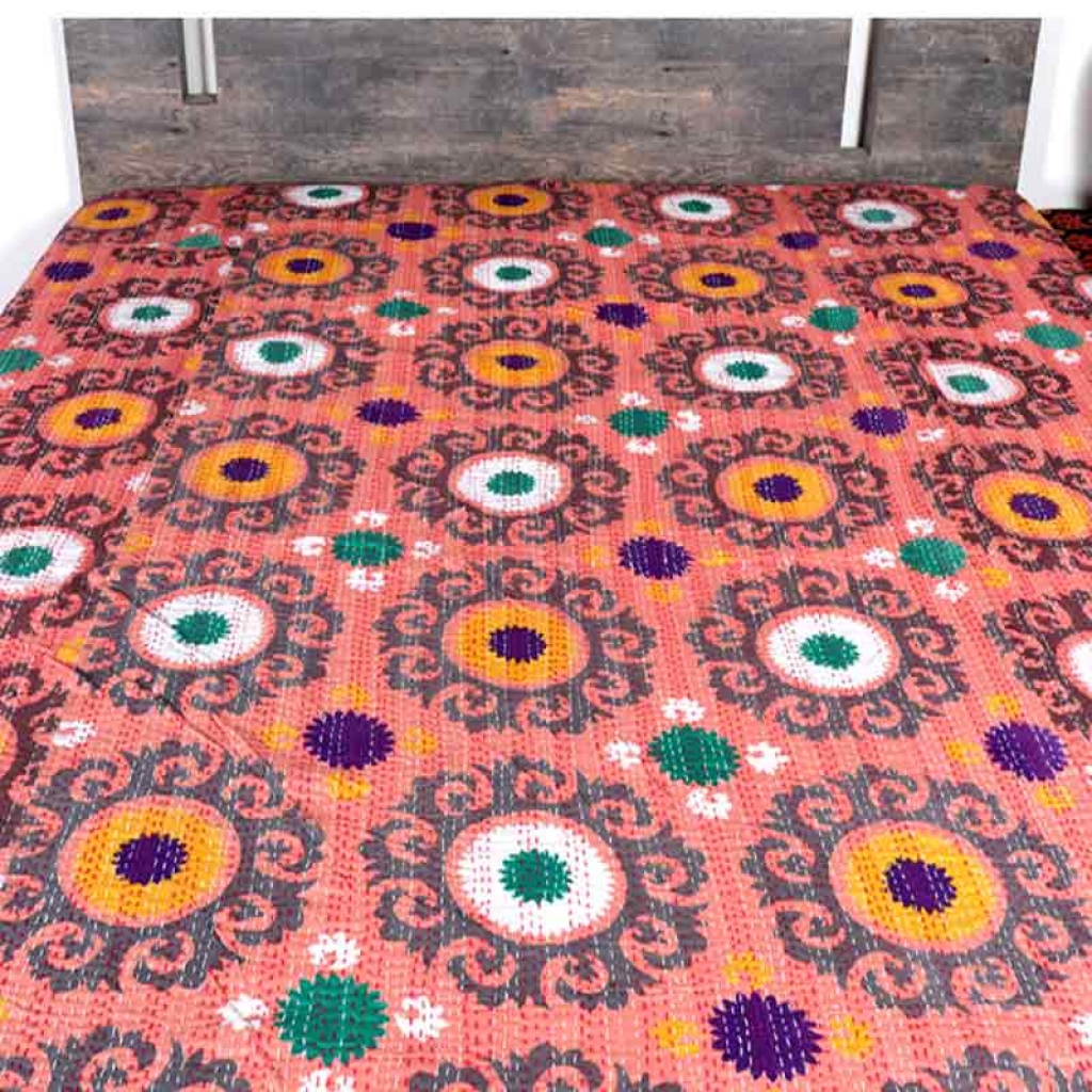 COTTON DISCHARGE PRINT KANTHA BED COVER FOR ALL-SEASON