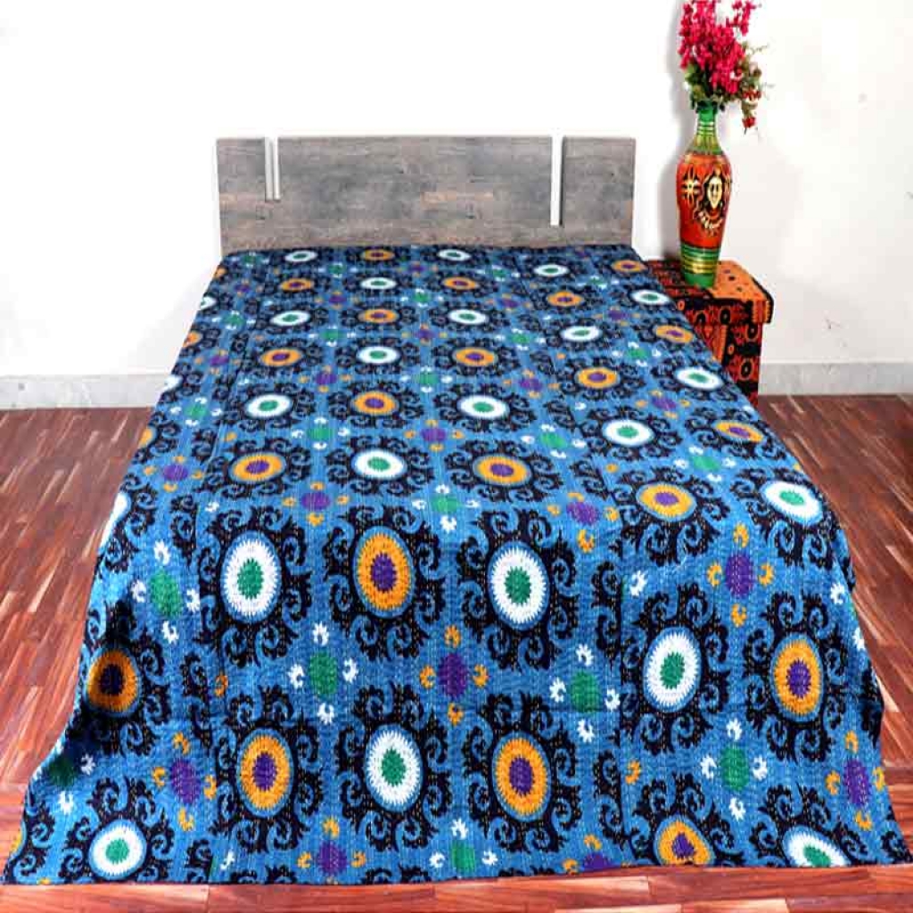 COTTON DISCHARGE PRINT KANTHA BED COVER FOR ALL-SEASON