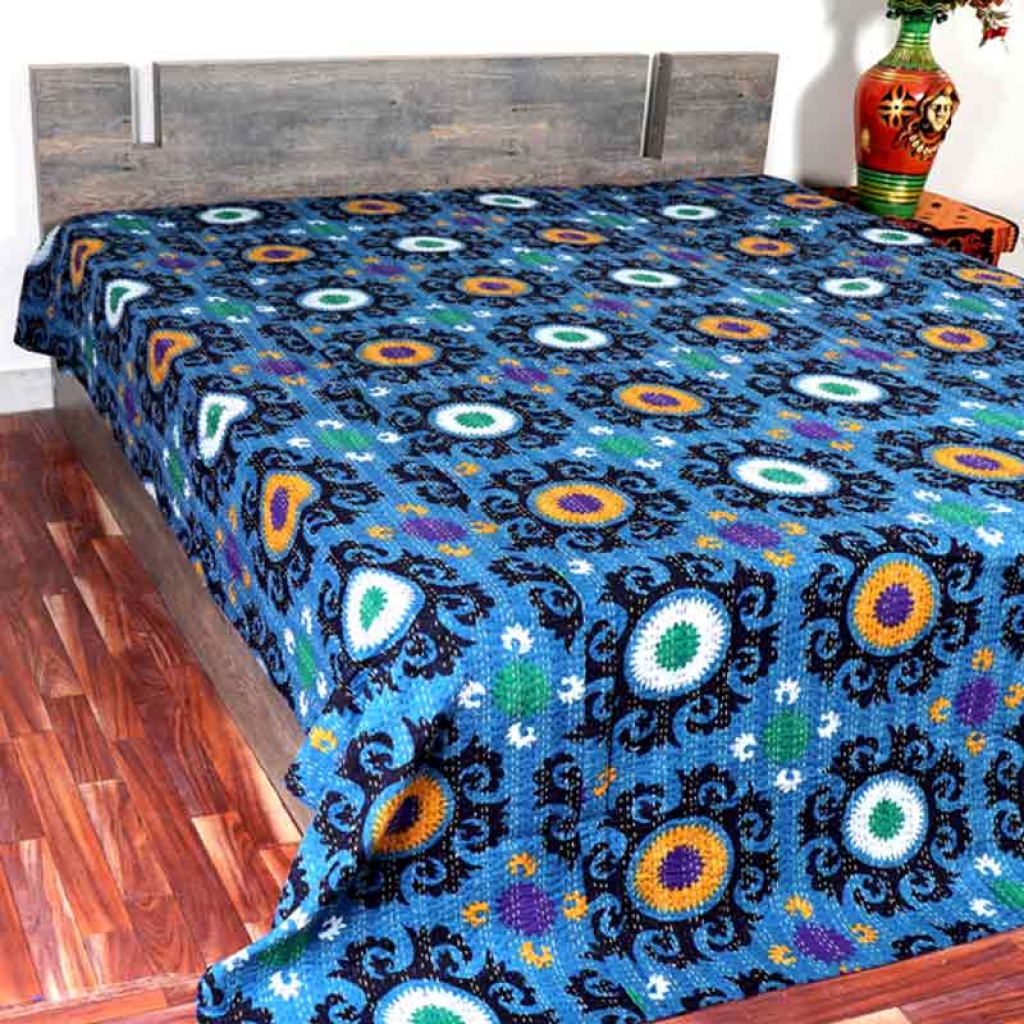 COTTON DISCHARGE PRINT KANTHA BED COVER FOR ALL-SEASON