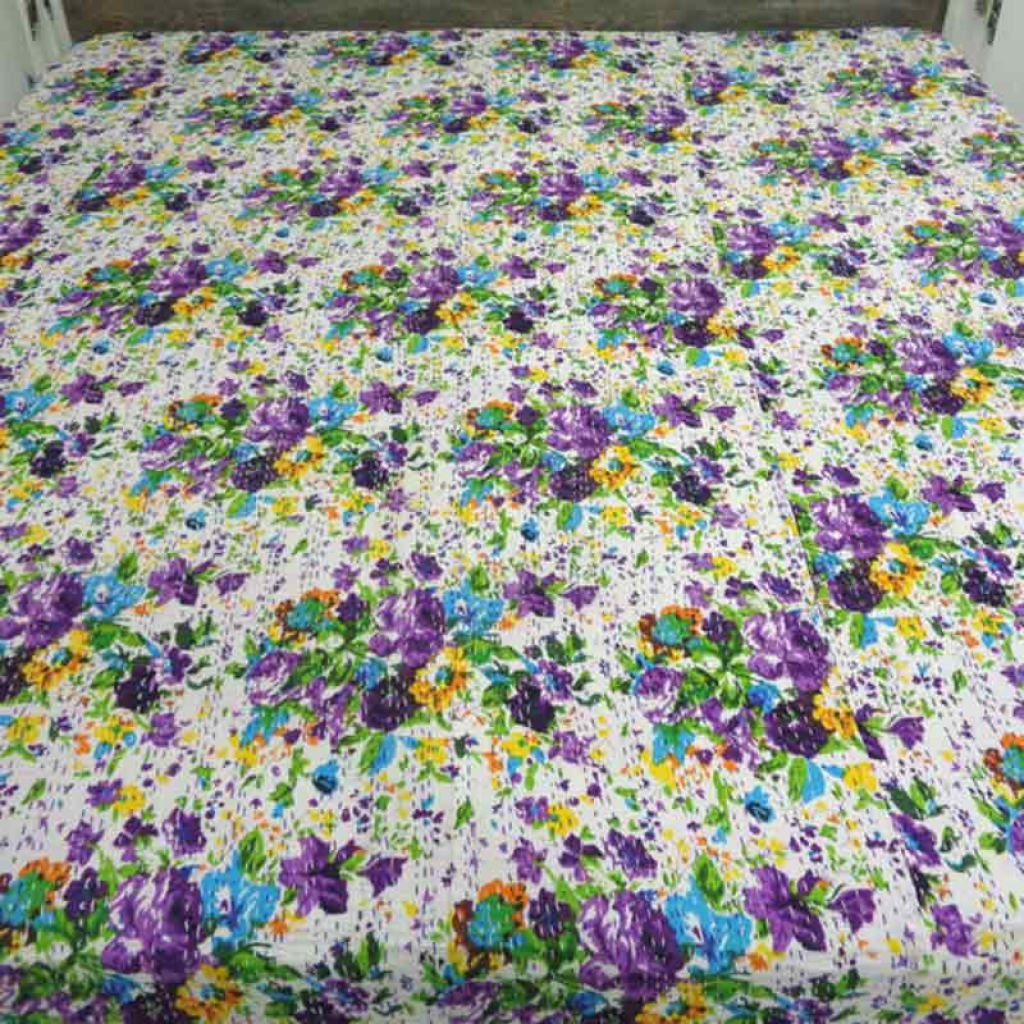 COTTON SCREEN PRINT ALL OVER FLORAL DESIGN KANTHA BED COVER FOR ALL-SEASON