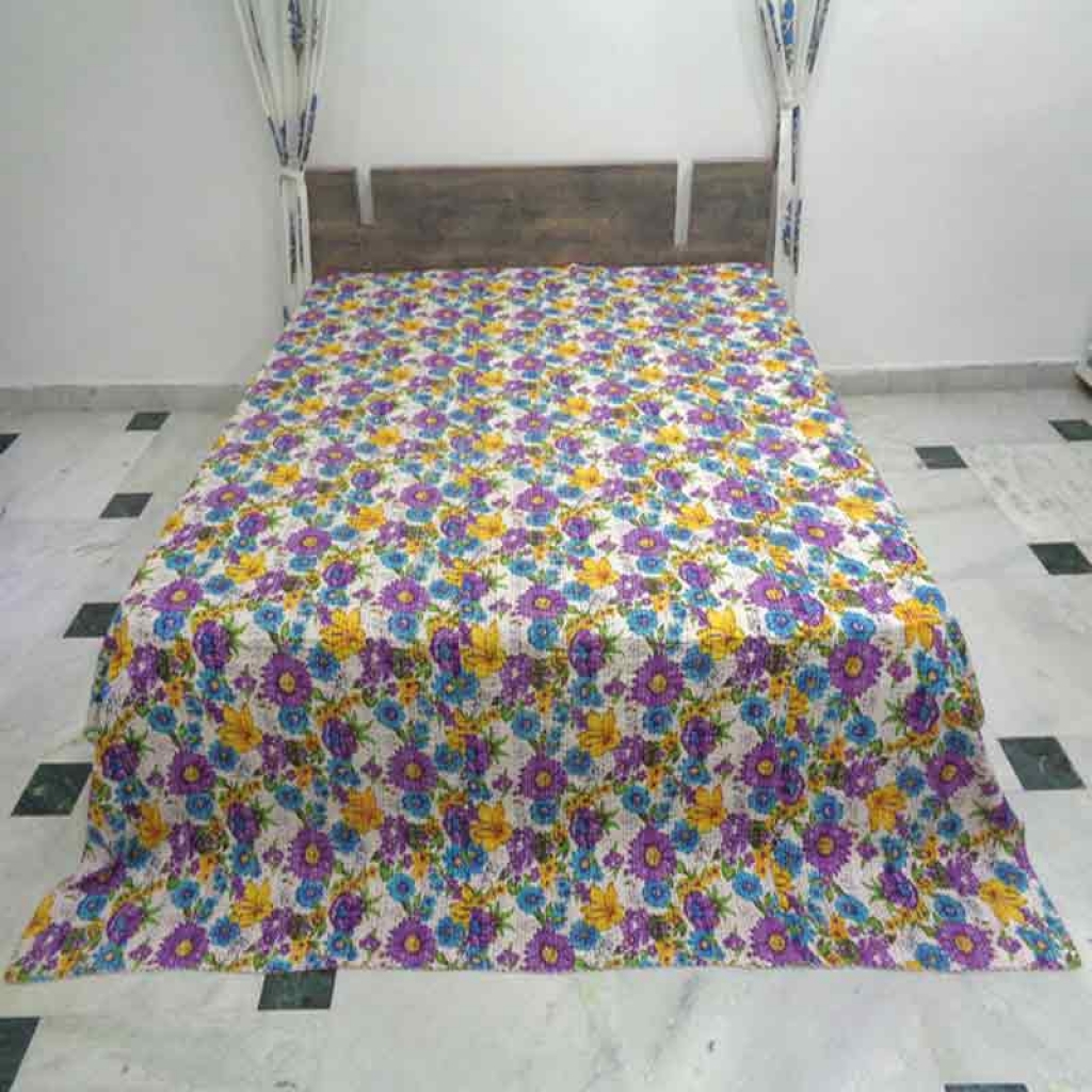 COTTON SCREEN PRINT ALL OVER FLORAL DESIGN KANTHA BED COVER FOR ALL-SEASON