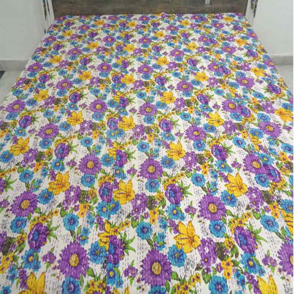 COTTON SCREEN PRINT ALL OVER FLORAL DESIGN KANTHA BED COVER FOR ALL-SEASON