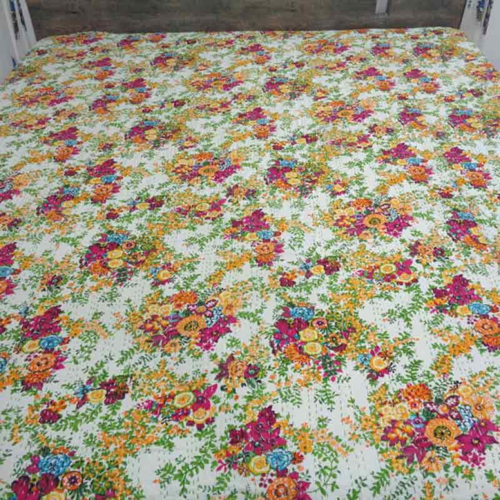 COTTON SCREEN PRINT ALL OVER FLORAL DESIGN KANTHA BED COVER FOR ALL-SEASON