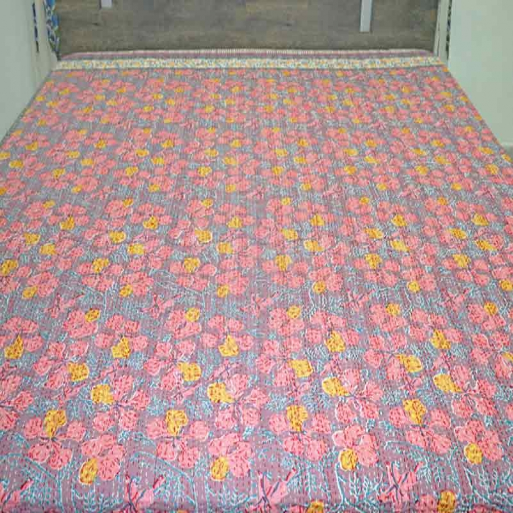 COTTON HAND BLOCK FULL PENAL KANTHA BED COVER FOR ALL-SEASON