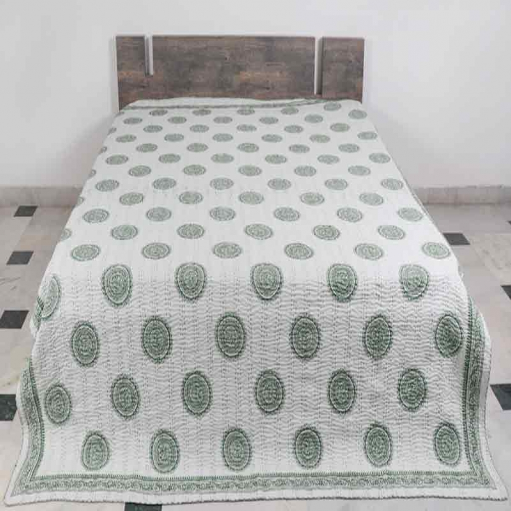 COTTON HAND BLOCK FULL PENAL KANTHA BED COVER FOR ALL-SEASON