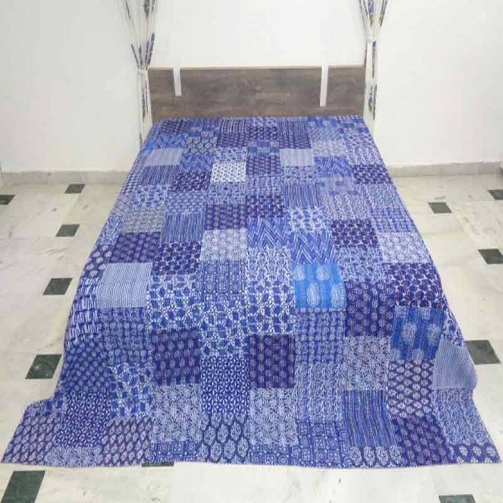 COTTON INDIGO PATCH PRINT KANTHA BED COVER FOR ALL-SEASON