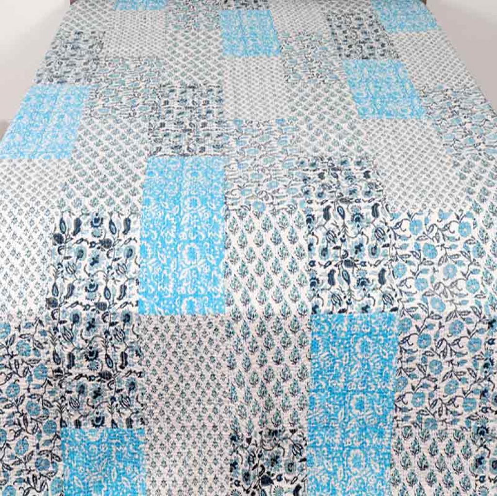 COTTON HAND BLOCK PATCH WORK PRINT KANTHA BED COVER FOR ALL-SEASON