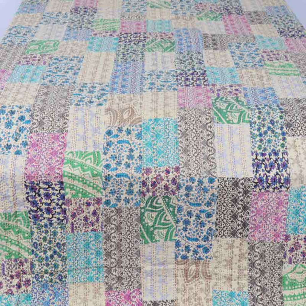 COTTON HAND BLOCK PATCH WORK PRINT KANTHA BED COVER FOR ALL-SEASON