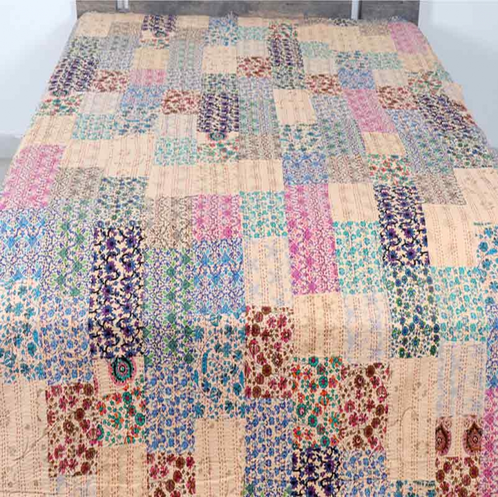 COTTON HAND BLOCK PATCH WORK PRINT KANTHA BED COVER FOR ALL-SEASON