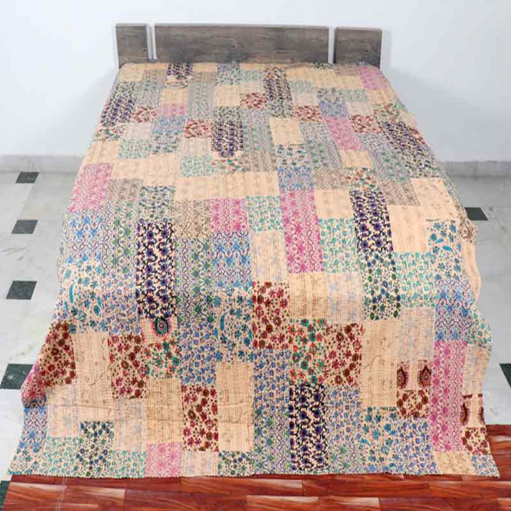 COTTON HAND BLOCK PATCH WORK PRINT KANTHA BED COVER FOR ALL-SEASON