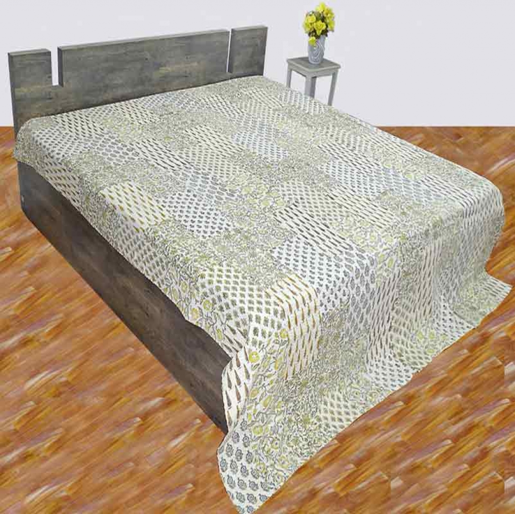 COTTON HAND BLOCK PATCH WORK PRINT KANTHA BED COVER FOR ALL-SEASON