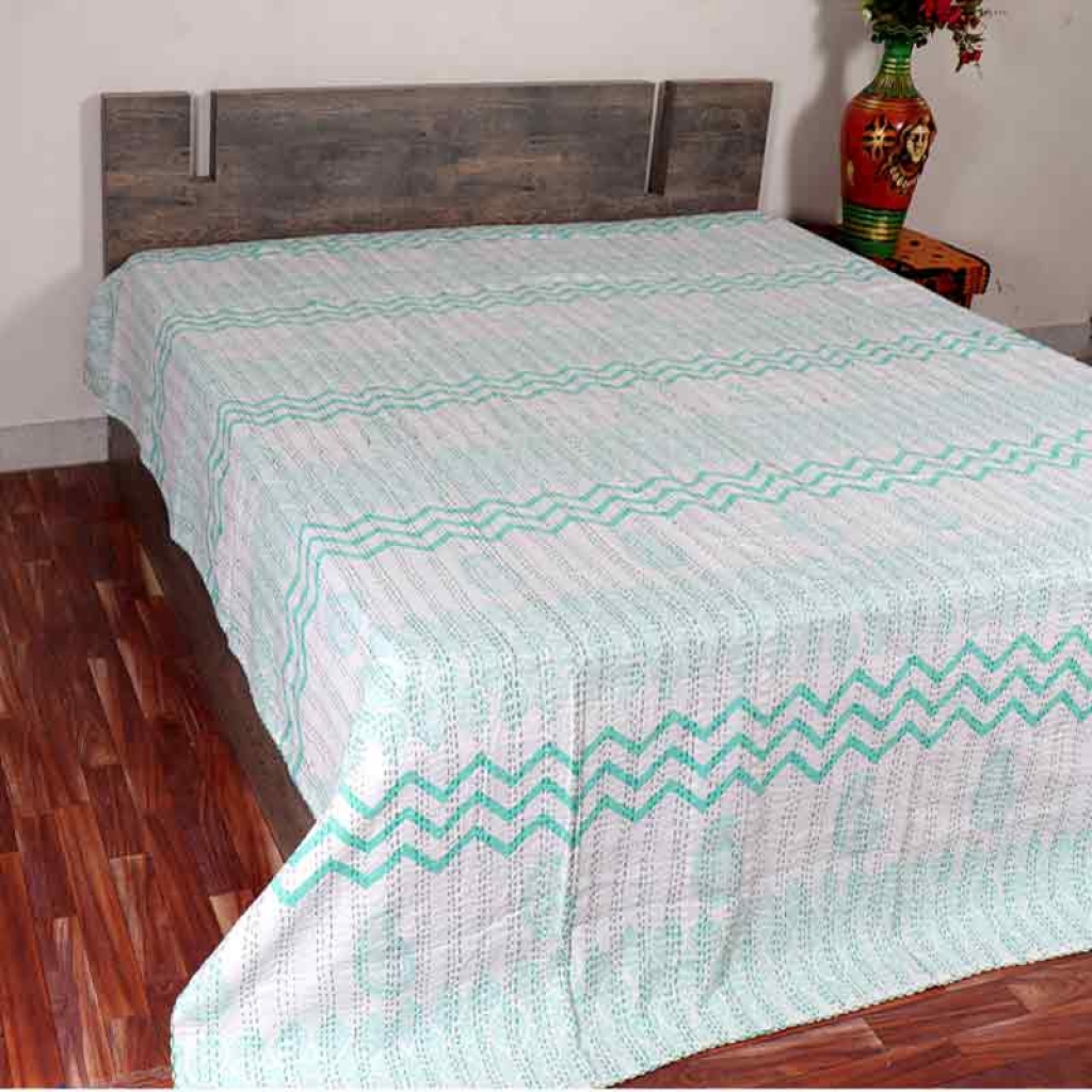 COTTON HAND BLOCK ALL OVER PRINT KANTHA BED COVER FOR ALL-SEASON