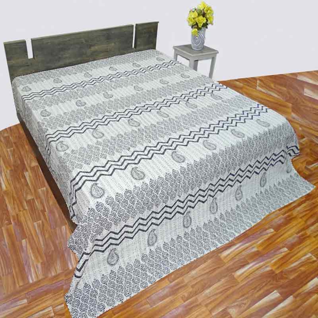 COTTON HAND BLOCK ALL OVER PRINT KANTHA BED COVER FOR ALL-SEASON