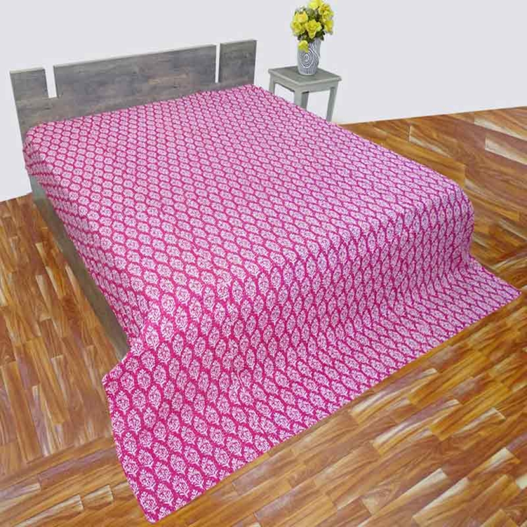 COTTON HAND BLOCK ALL OVER PRINT KANTHA BED COVER FOR ALL-SEASON