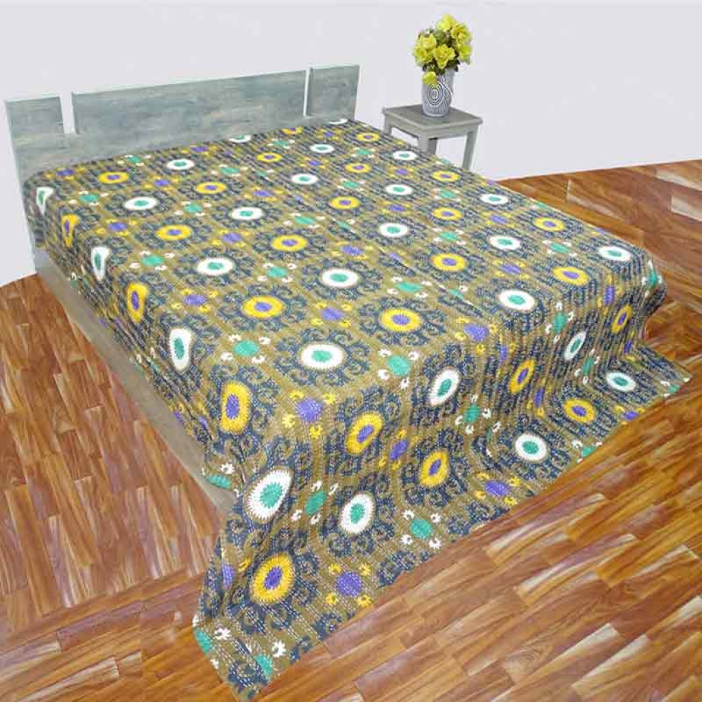 COTTON DISCHARGE PRINT KANTHA BED COVER FOR ALL-SEASON