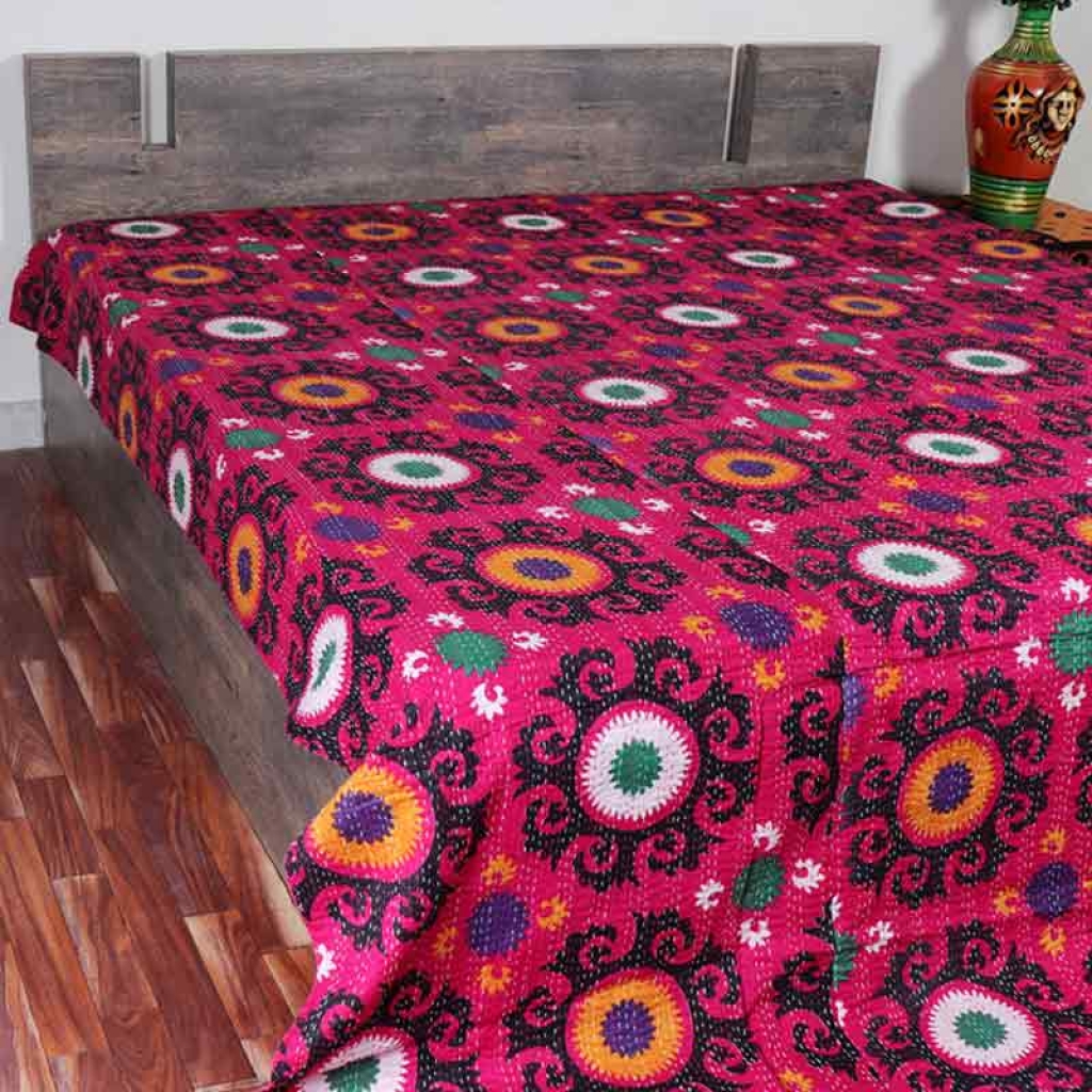 COTTON DISCHARGE PRINT KANTHA BED COVER FOR ALL-SEASON