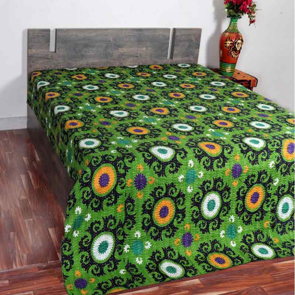 COTTON DISCHARGE PRINT KANTHA BED COVER FOR ALL-SEASON