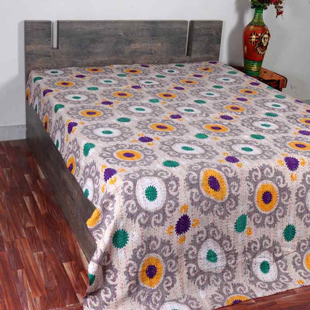 COTTON DISCHARGE PRINT KANTHA BED COVER FOR ALL-SEASON