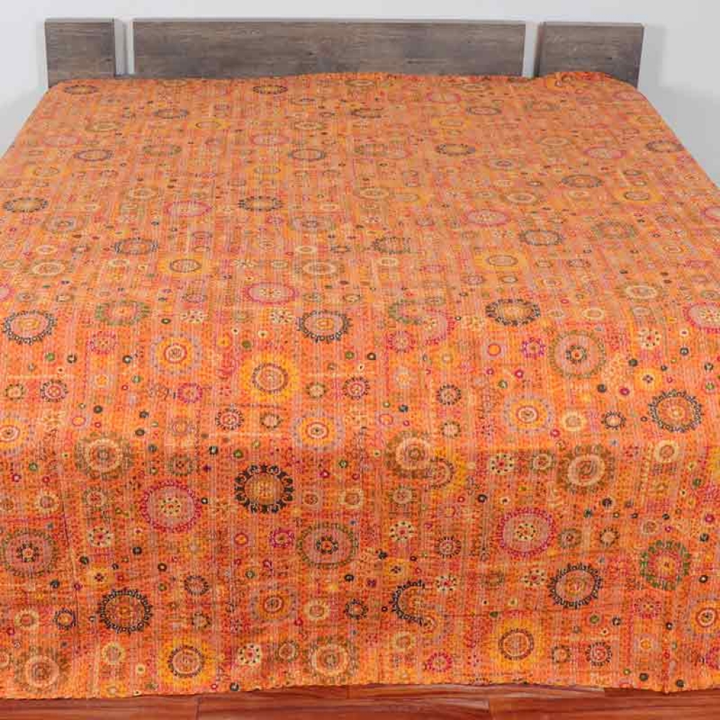 COTTON DISCHARGE PRINT KANTHA BED COVER FOR ALL-SEASON