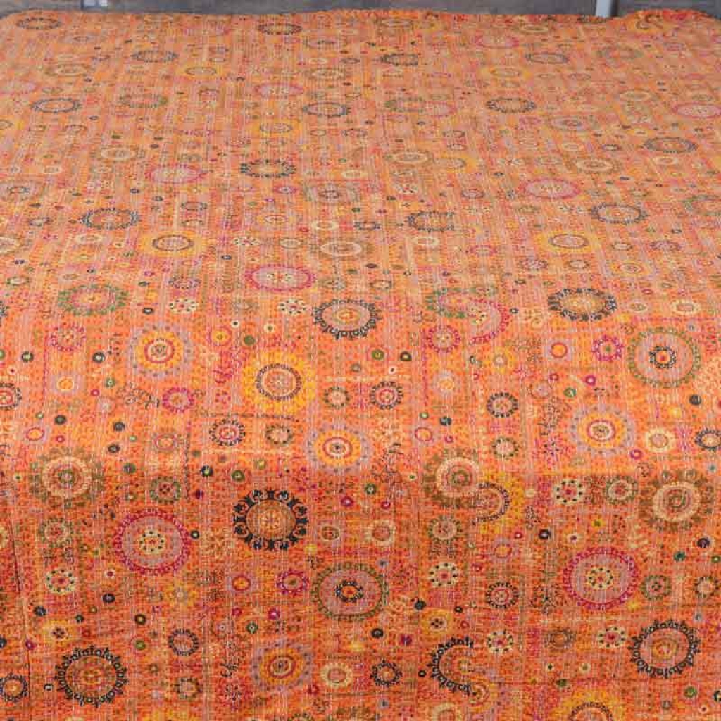 COTTON DISCHARGE PRINT KANTHA BED COVER FOR ALL-SEASON