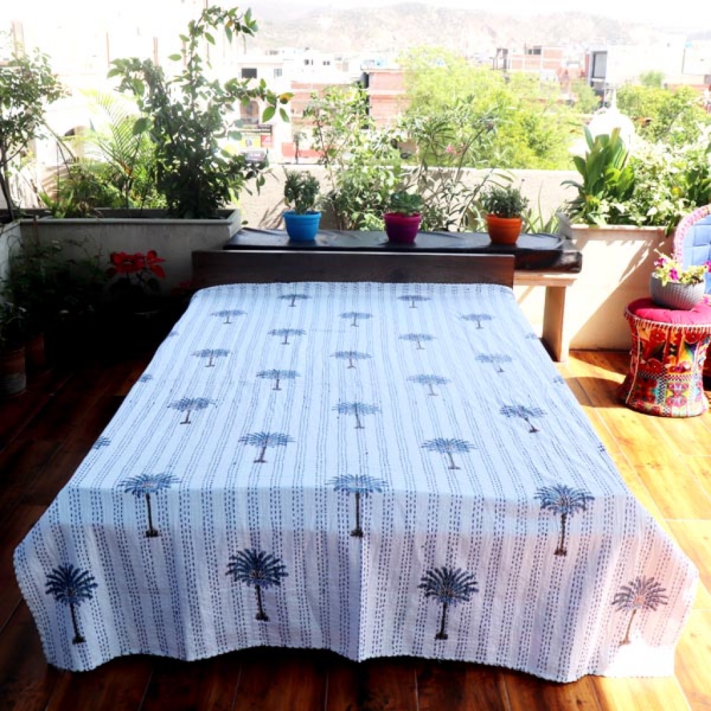 Screen Printed Cotton Kantha Bed Sheet