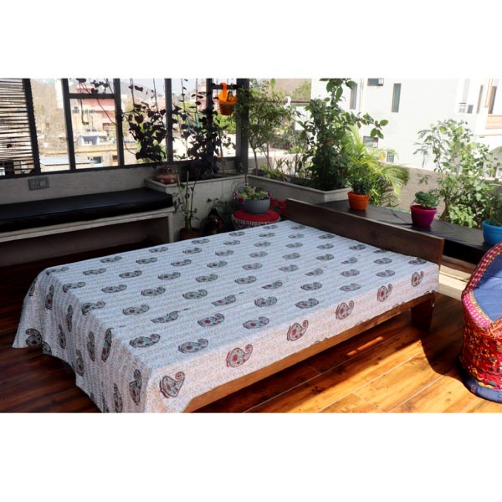 Screen Printed Cotton Kantha Bed Sheet