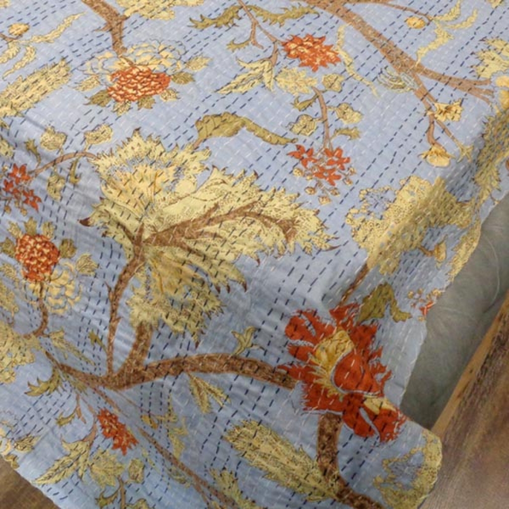 FLORAL PRINTED VELVET KANTHA BED COVER