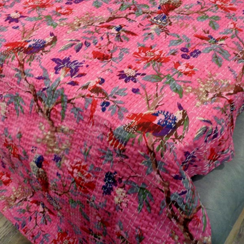 FLORAL PRINTED HANDMADE COTTON KANTHA BED COVER