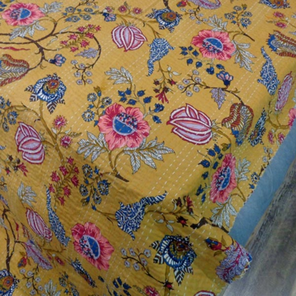 COTTON KANTHA FLORAL PRINTED BEDCOVER