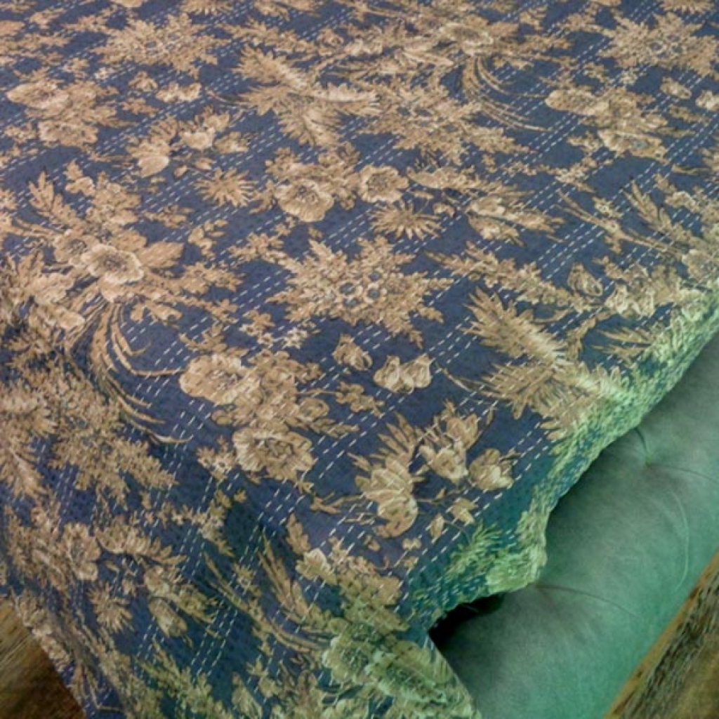 DESIGNER HANDMADE COTTON FLORAL PRINTED KANTHA BEDCOVER