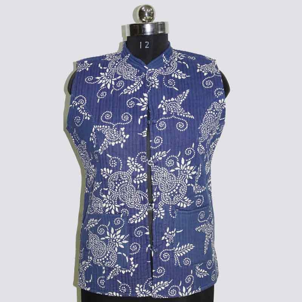 COTTON INDIGO PRINT SLEEVE LESS SHORT JACKET