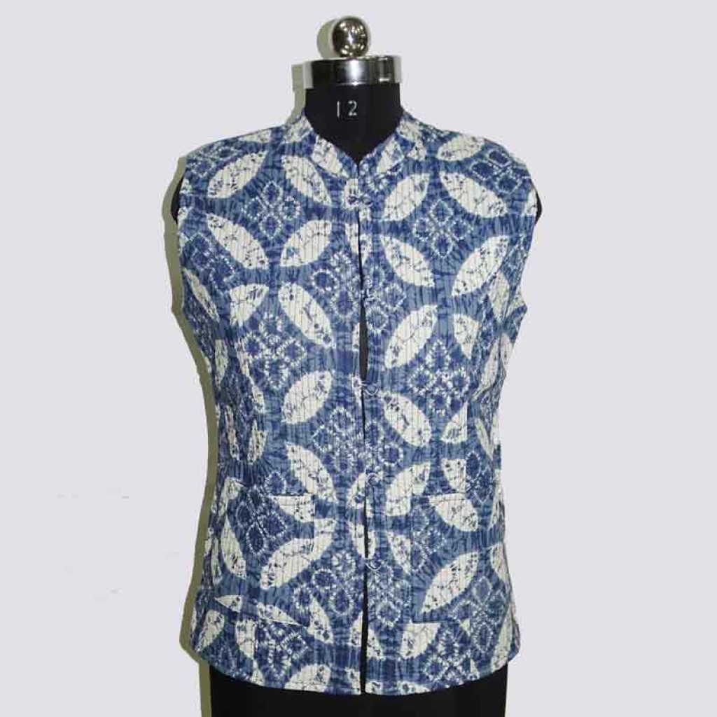 COTTON INDIGO PRINT SLEEVE LESS SHORT JACKET