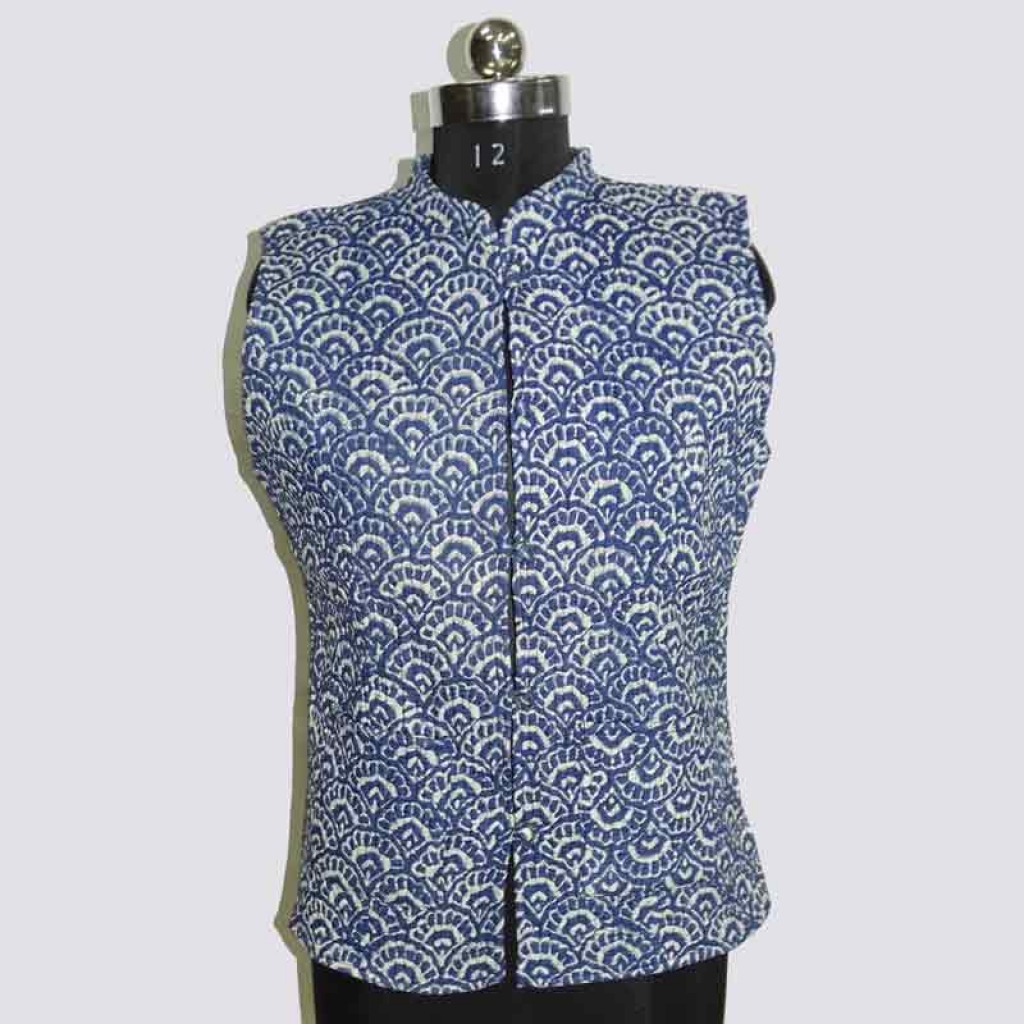 COTTON INDIGO PRINT SLEEVE LESS SHORT JACKET