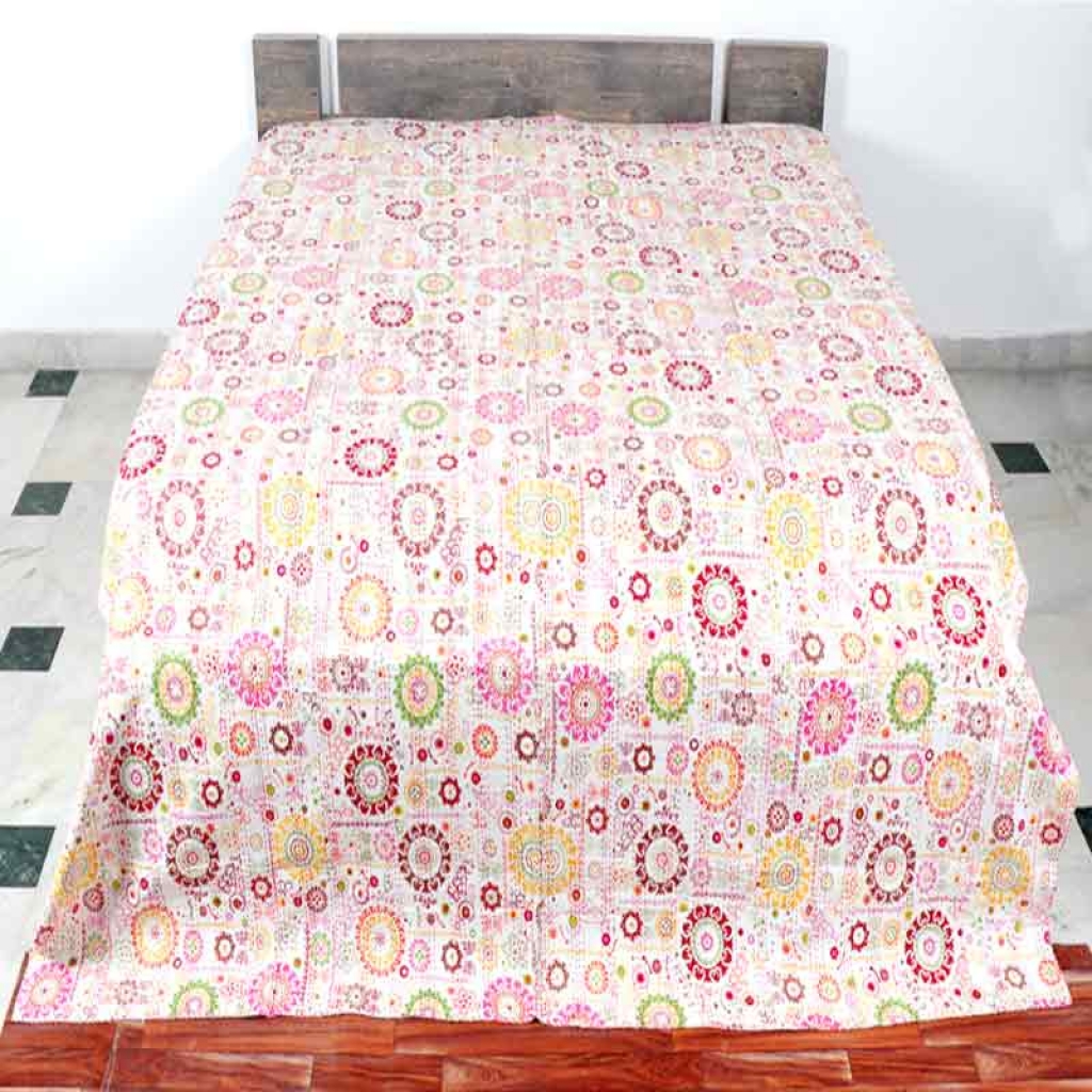 COTTON DISCHARGE PRINT KANTHA BED COVER FOR ALL-SEASON