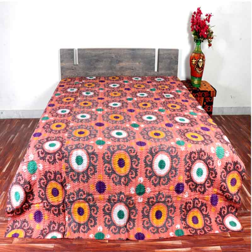 COTTON DISCHARGE PRINT KANTHA BED COVER FOR ALL-SEASON