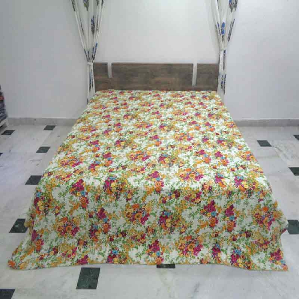 COTTON SCREEN PRINT ALL OVER FLORAL DESIGN KANTHA BED COVER FOR ALL-SEASON